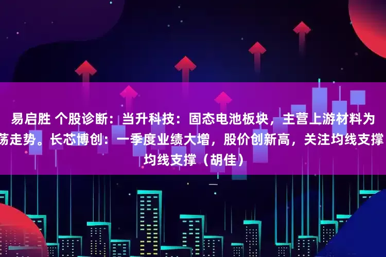 易启胜 个股诊断：当升科技：固态电池板块，主营上游材料为主，震荡走势。长芯博创：一季度业绩大增，股价创新高，关注均线支撑（胡佳）